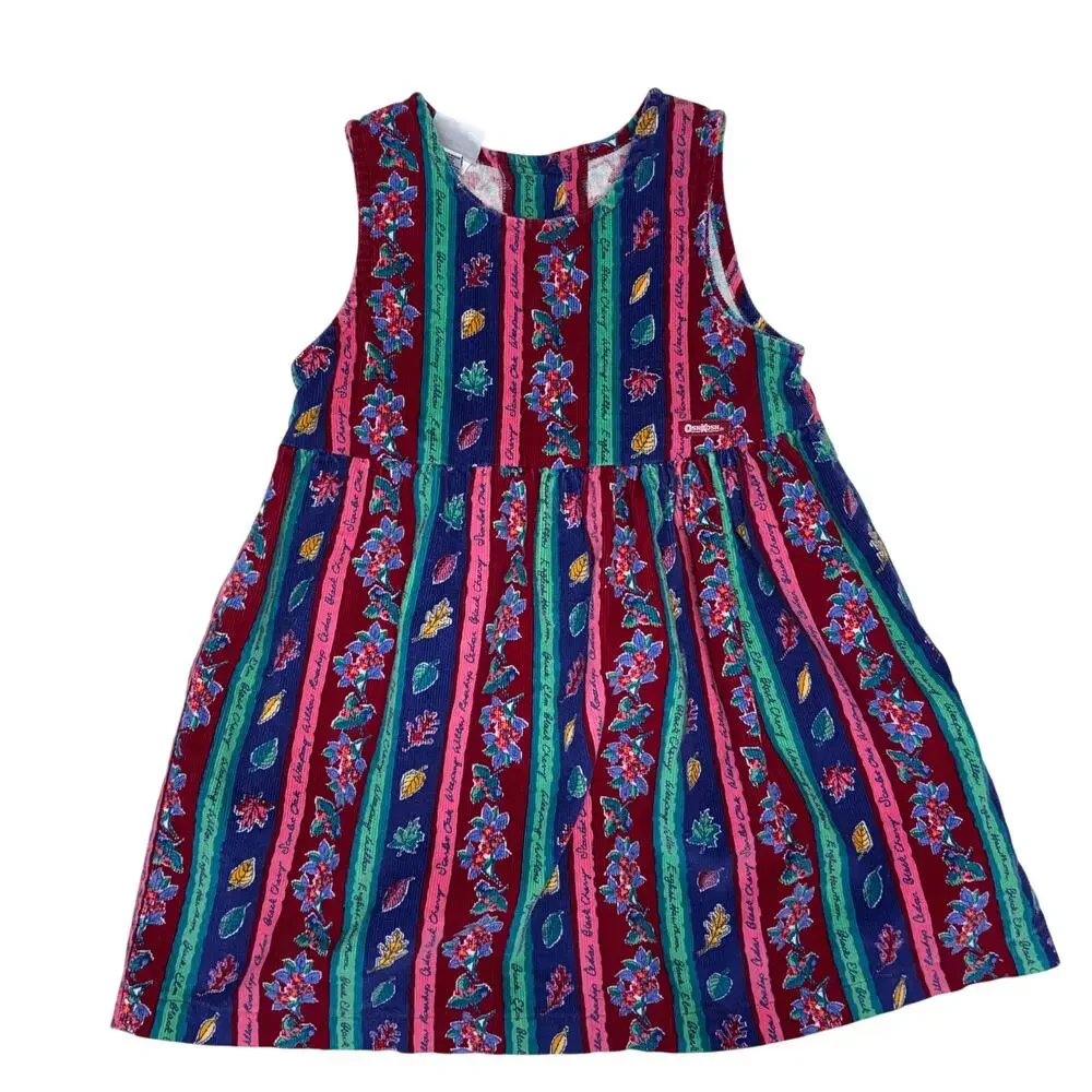 Vintage OshKosh B'Gosh Dress Girls 6 Pink Floral Corduroy Jumper Leafs Made USA